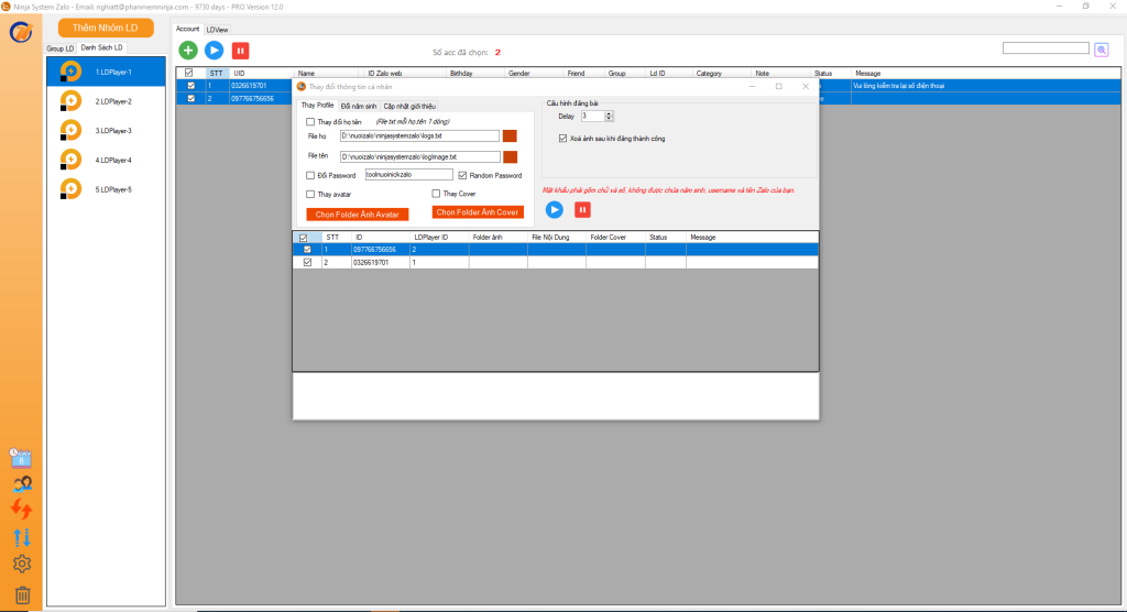 Giao diện phần mềm nuôi nick zalo
