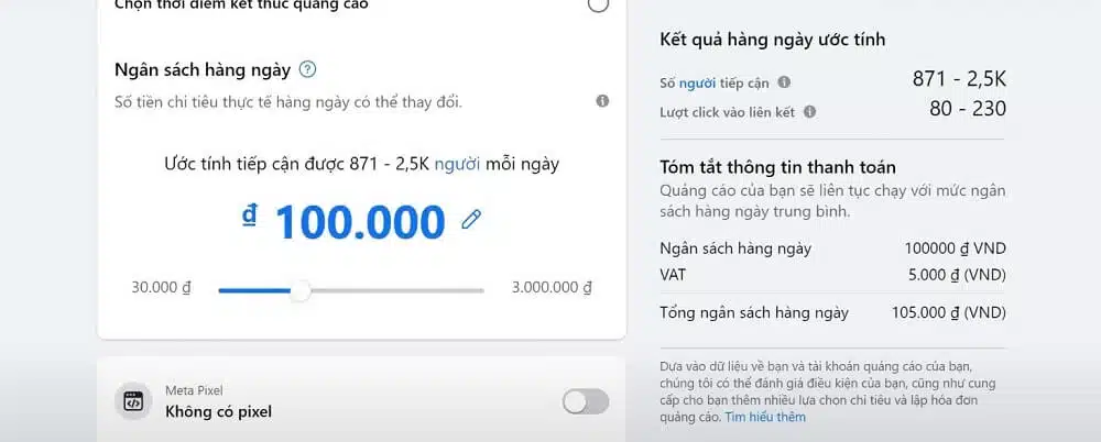 ngân sách quảng cáo tối thiểu 30.000đ và tối đa 3.000.000đ/ ngày