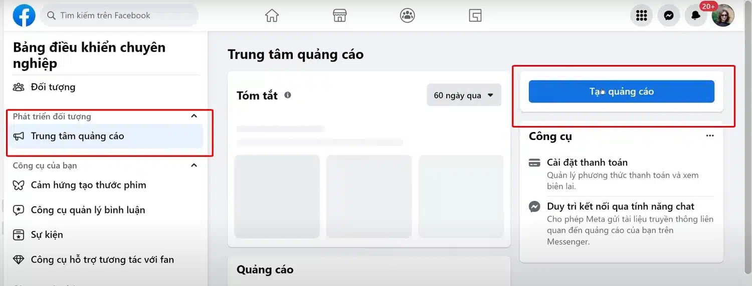 Click "Tạo quảng cáo" và chọn "Tạo quảng cáo mới"