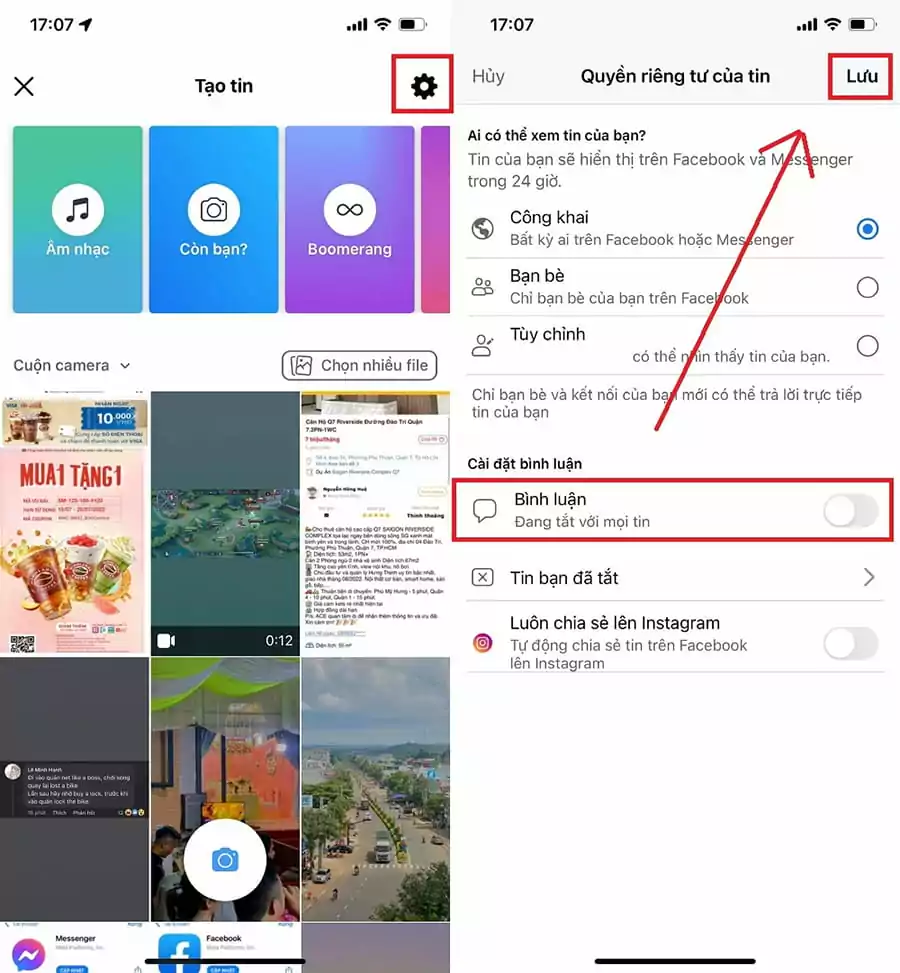 bật bình luận trên story facebook